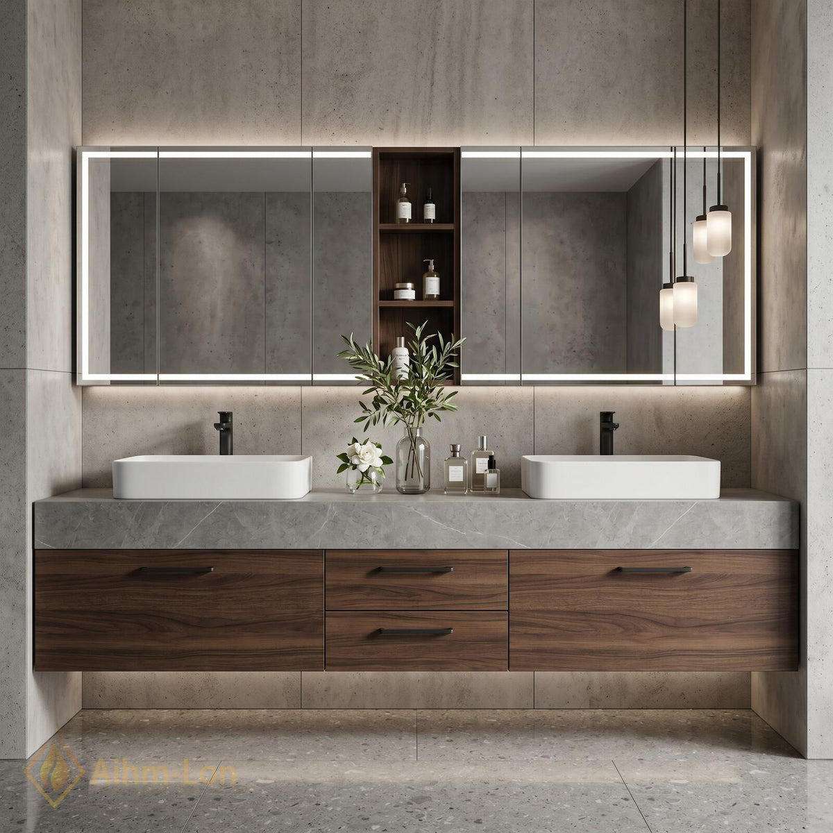 60''-96'' Double Bathroom Vanity with Sink Modern Floating Gray Stone Wood Cabinet