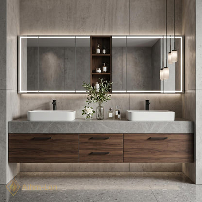 60''-96'' Double Bathroom Vanity with Sink Modern Floating Gray Stone Wood Cabinet