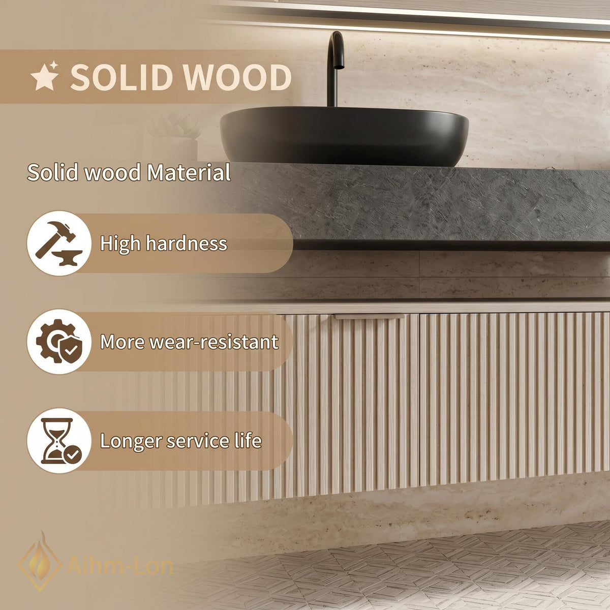 60''-96'' Double Bathroom Vanity with Sink Modern Floating Ribbed Panels Dark Stone