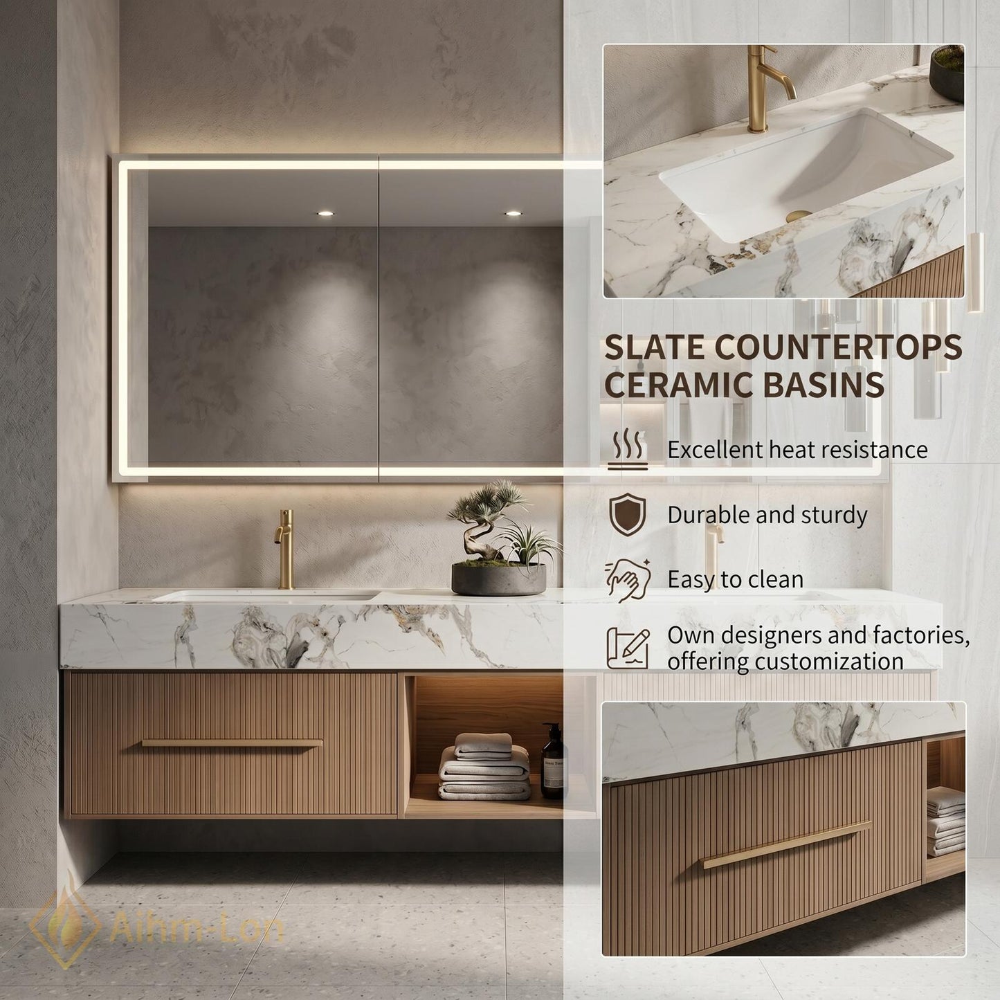 60''-96'' Double Bathroom Vanity with Sink Wood Modern Floating Open Panel Shelving