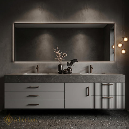 60''-96'' Double Bathroom Vanity with Sink Dark Modern Floating Stone Slatted-Panel