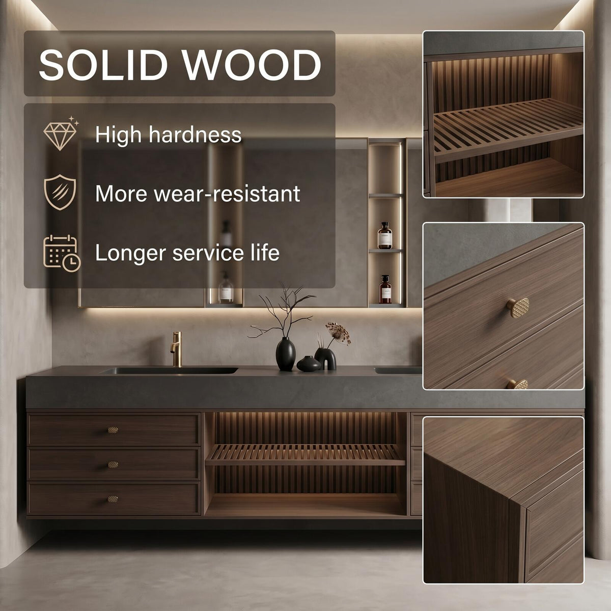 60''-96'' Double Bathroom Vanity with Sink Modern Floating Dark Wood Finish Open Shelving