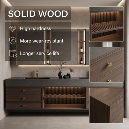 60''-96'' Double Bathroom Vanity with Sink Modern Floating Dark Wood Finish Open Shelving