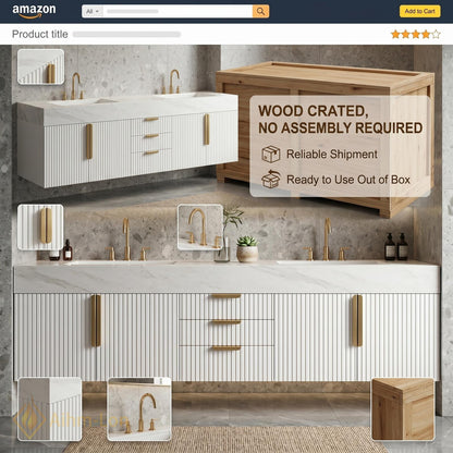 60''-96'' Double Bathroom Vanity with Sink Fluted Panel Marble-Like Surface Storage Cabinet