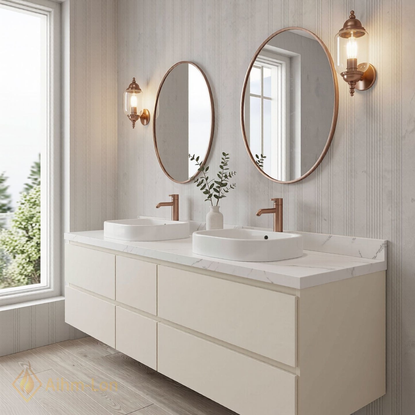 60''-96'' Modern Bathroom Vanity with Sink Floating White Marble Sliding Drawers Cabinet