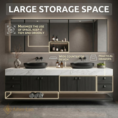 60''-96'' Double Bathroom Vanity with Sink Modern Floating Stone Top Matte Dark