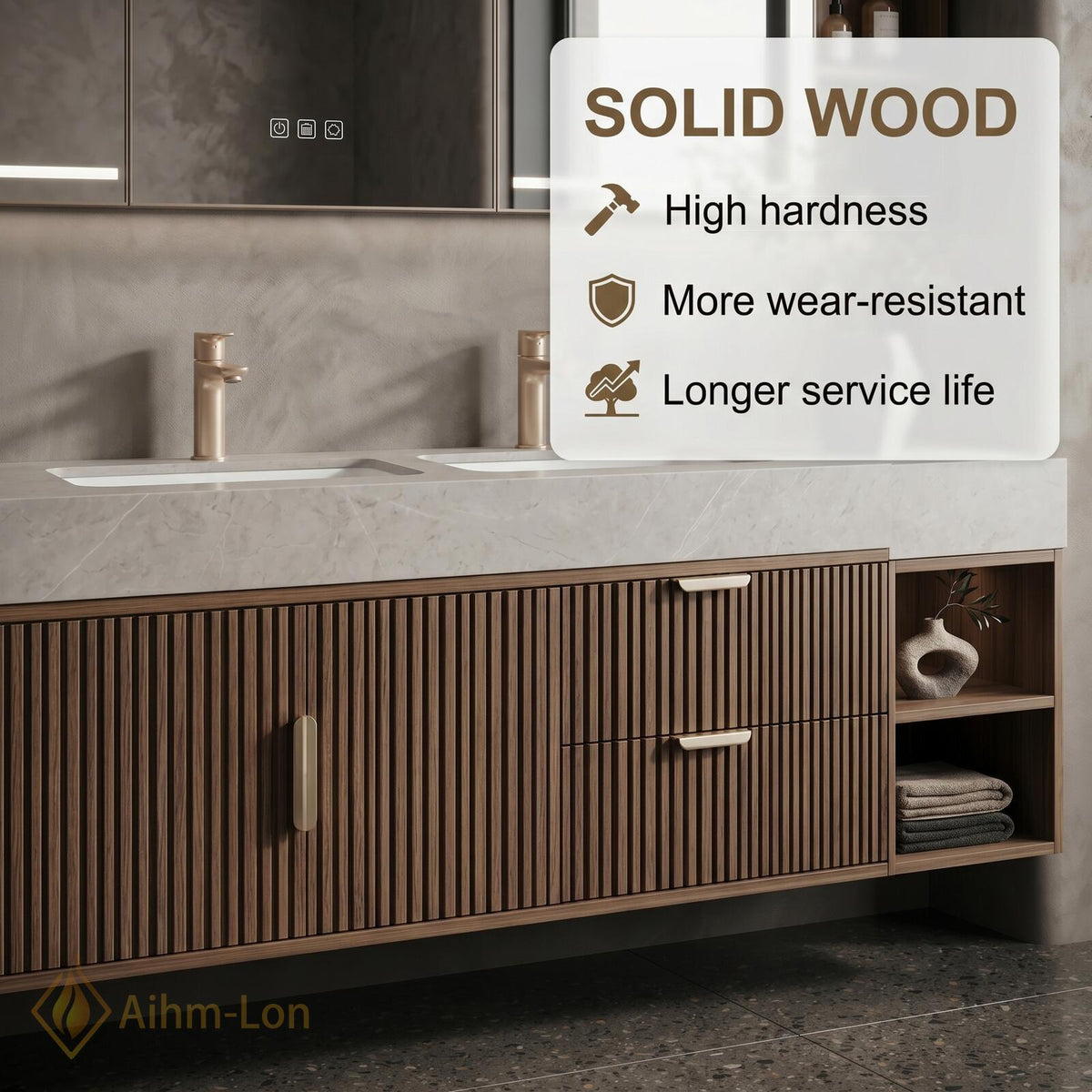 60''-96'' Double Bathroom Vanity with Sink Modern Wall-Mounted Dark Walnut Slatted Panel