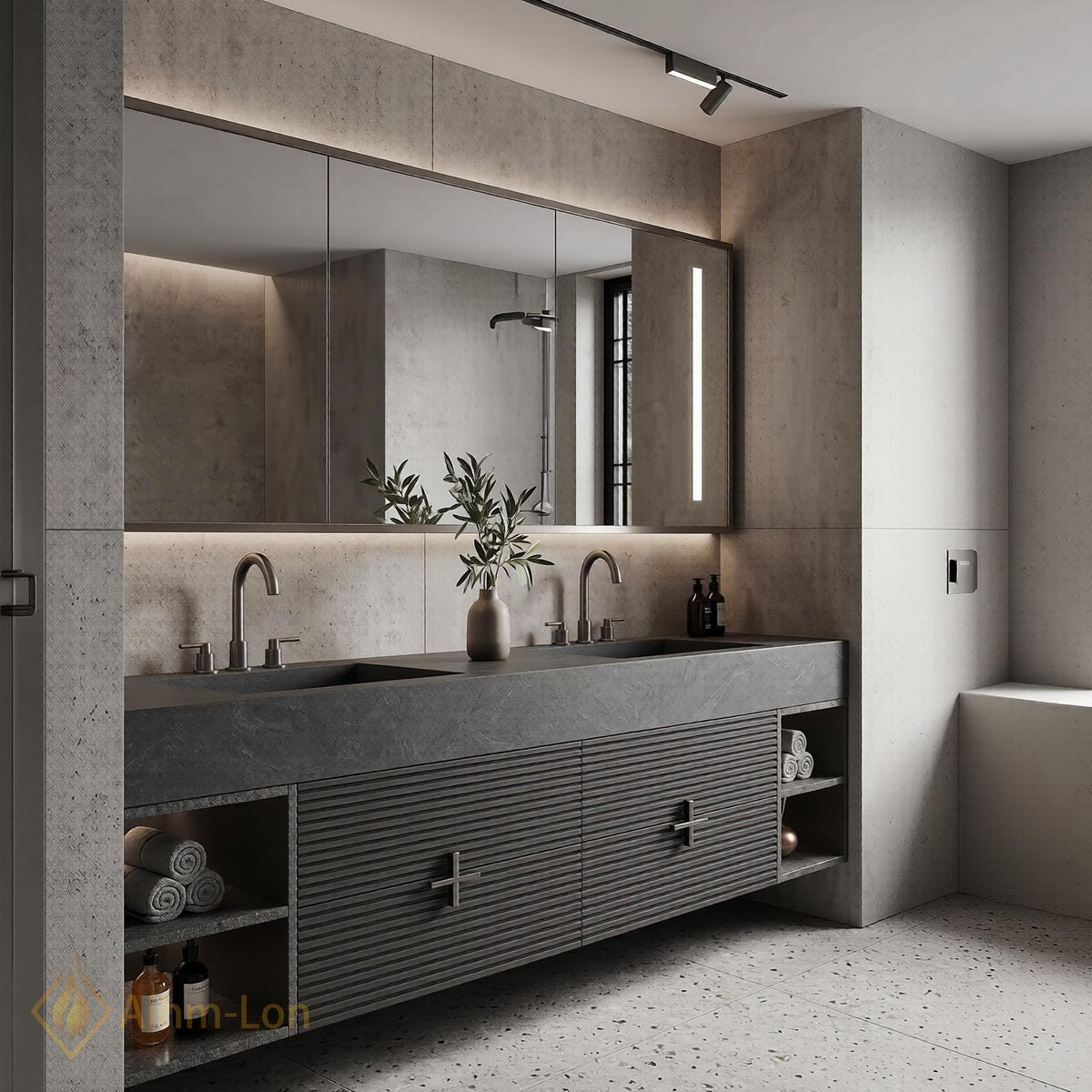 60''-96'' Double Bathroom Vanity with Sink Dark Stone Slatted Open Side Shelving