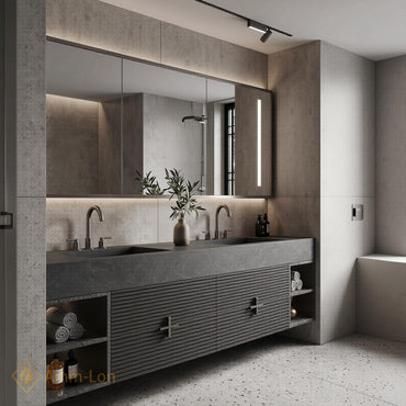 60''-96'' Double Bathroom Vanity with Sink Dark Stone Slatted Open Side Shelving