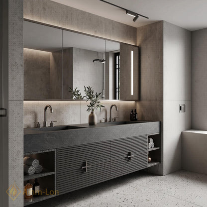 60''-96'' Double Bathroom Vanity with Sink Dark Stone Slatted Open Side Shelving