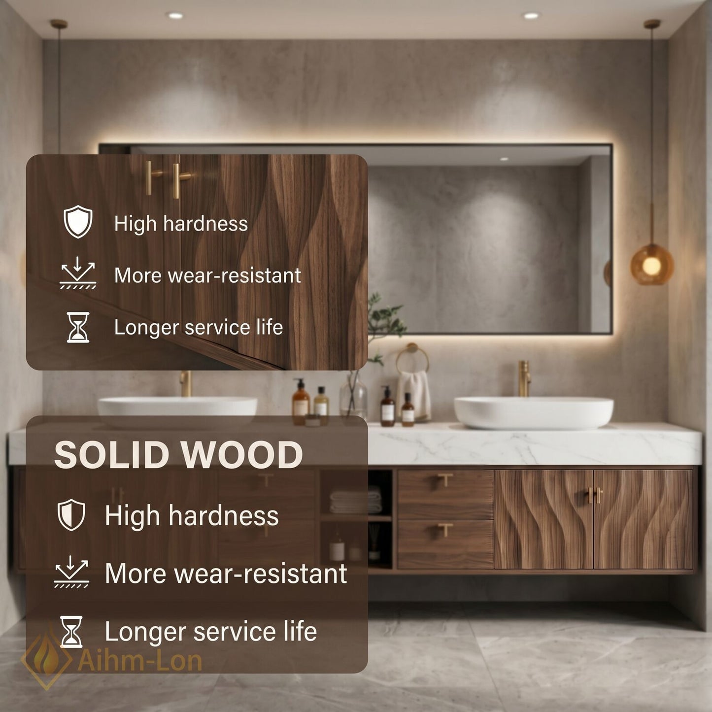 76''-96'' Double Bathroom Vanity with Sink Floating Open-Shelving Wavy Wood Thick Marble