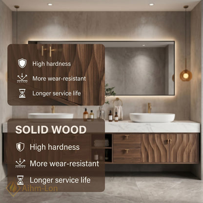 76''-96'' Double Bathroom Vanity with Sink Floating Open-Shelving Wavy Wood Thick Marble