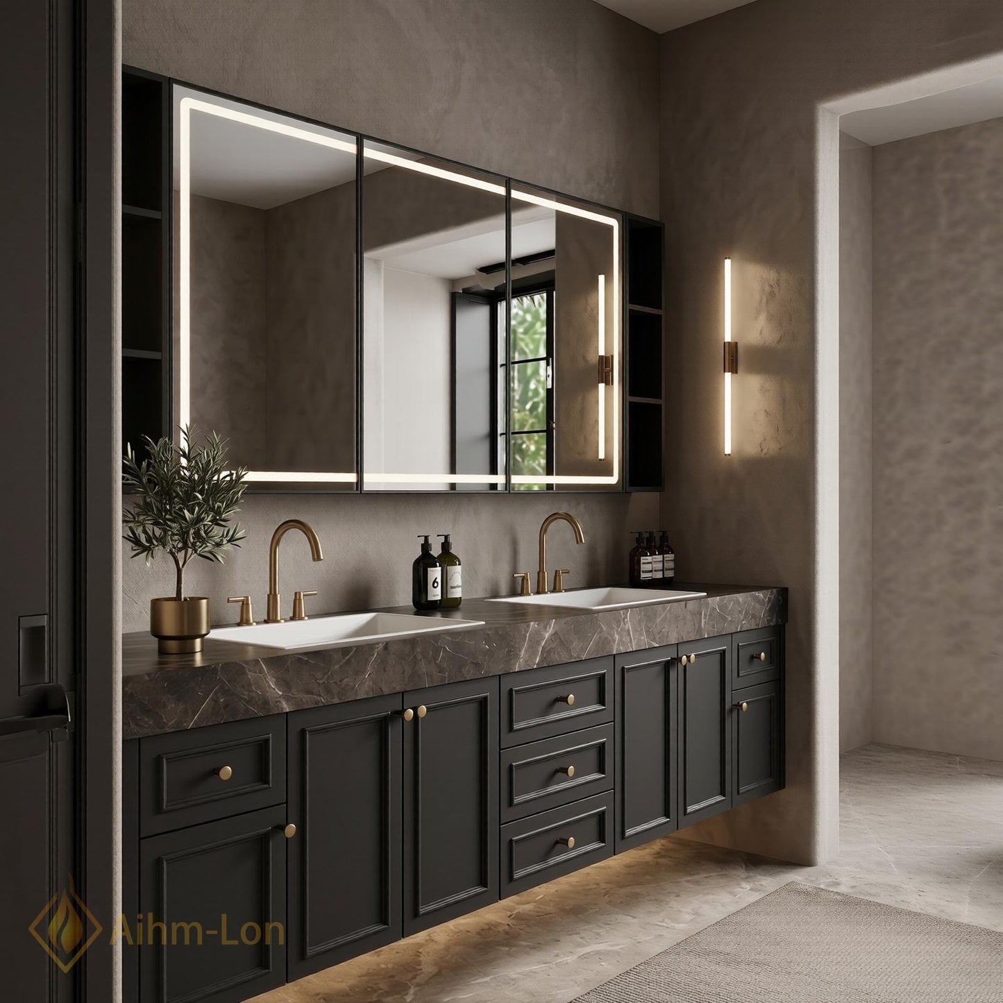 78''-96'' Double Bathroom Vanity with Sink Floating Dark Marble Top Brass Hardware