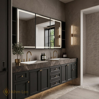 78''-96'' Double Bathroom Vanity with Sink Floating Dark Marble Top Brass Hardware
