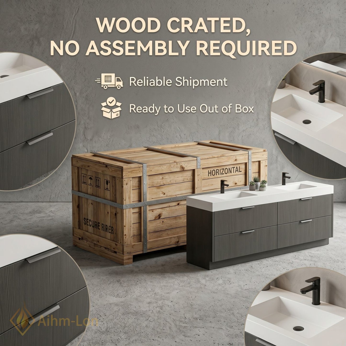60''-96'' Double Bathroom Vanity with Sink Floating Wood-Grain Illuminated Mirror Dark Finish