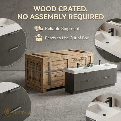 60''-96'' Double Bathroom Vanity with Sink Floating Wood-Grain Illuminated Mirror Dark Finish