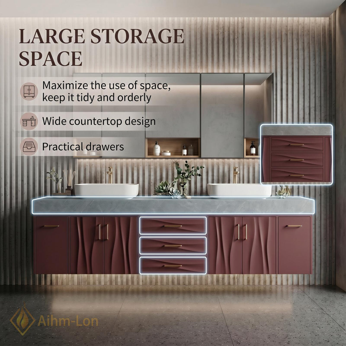 76''-96'' Double Bathroom Vanity with Sink Floating Double Wavy Curved Panels Deep