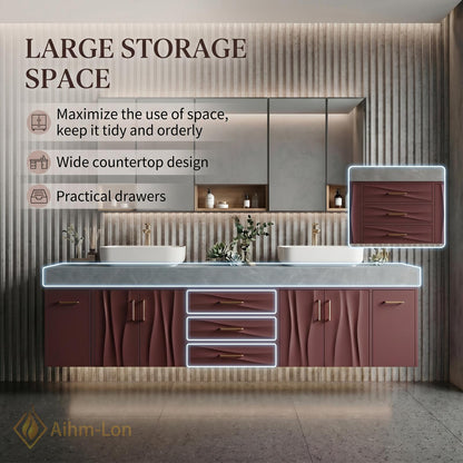 76''-96'' Double Bathroom Vanity with Sink Floating Double Wavy Curved Panels Deep