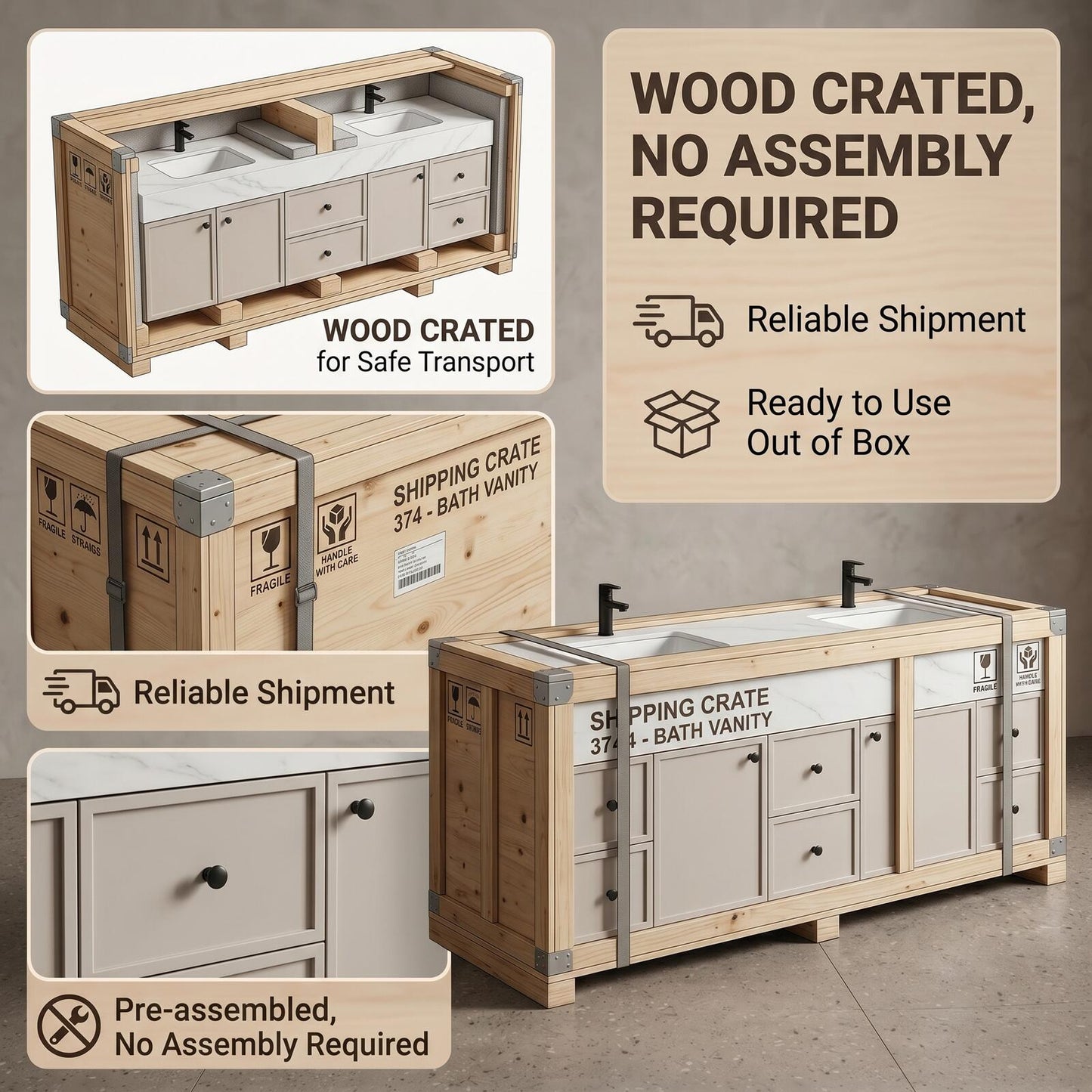 70''-96'' Modern Bathroom Vanity with Sink Double Sink Soft Grey Large Mirror Cabinet