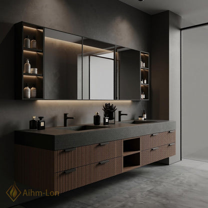 60''-96'' Bathroom Vanity with Sink Modern Floating Slatted Panels Open Center Dark