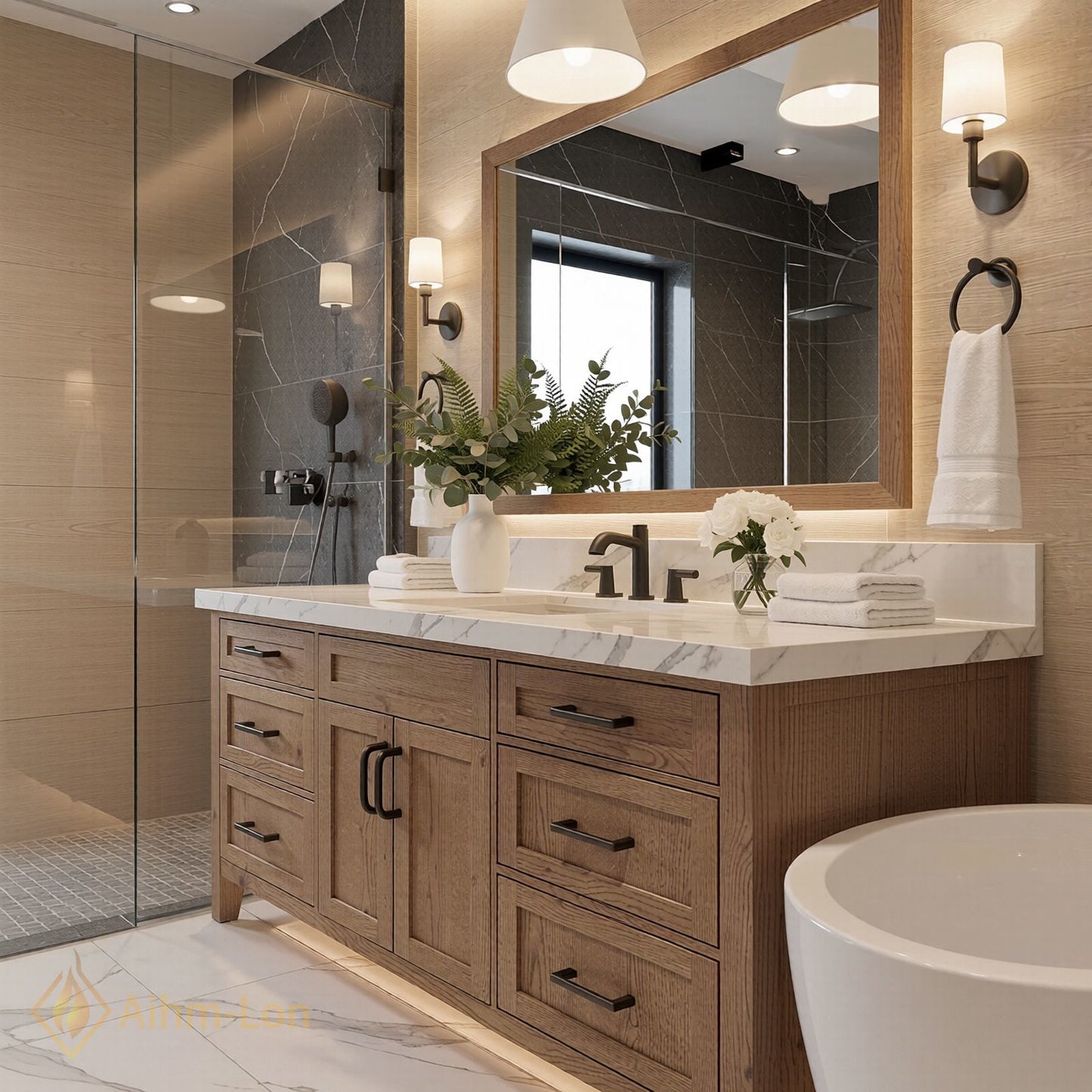 48''-64'' Modern Bathroom Vanity with Sink Marble Wood Grain Black Hardware Drawers