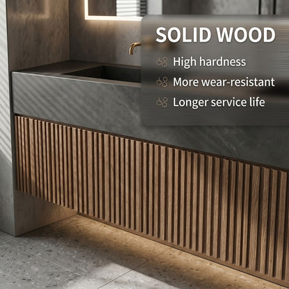 70''-96'' Modern Bathroom Vanity with Sink Slatted Wood Front Dark Grey Top