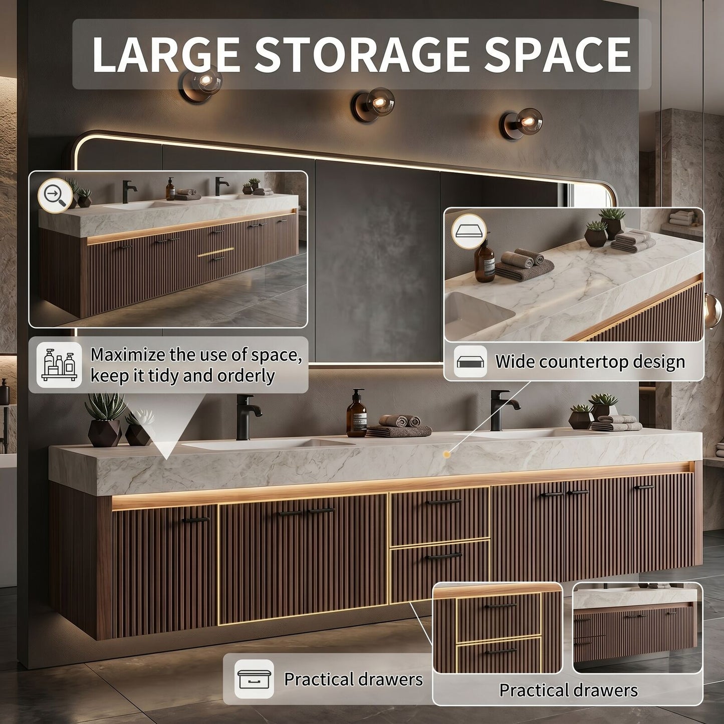 70''-96'' Modern Bathroom Vanity with Sink Double Sink Floating Wood Grain Storage Drawers