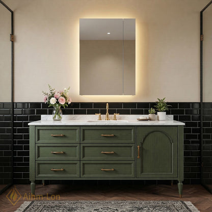 48''-64'' Modern Bathroom Vanity with Sink Distressed Olive Green Marble Sculpted Drawers