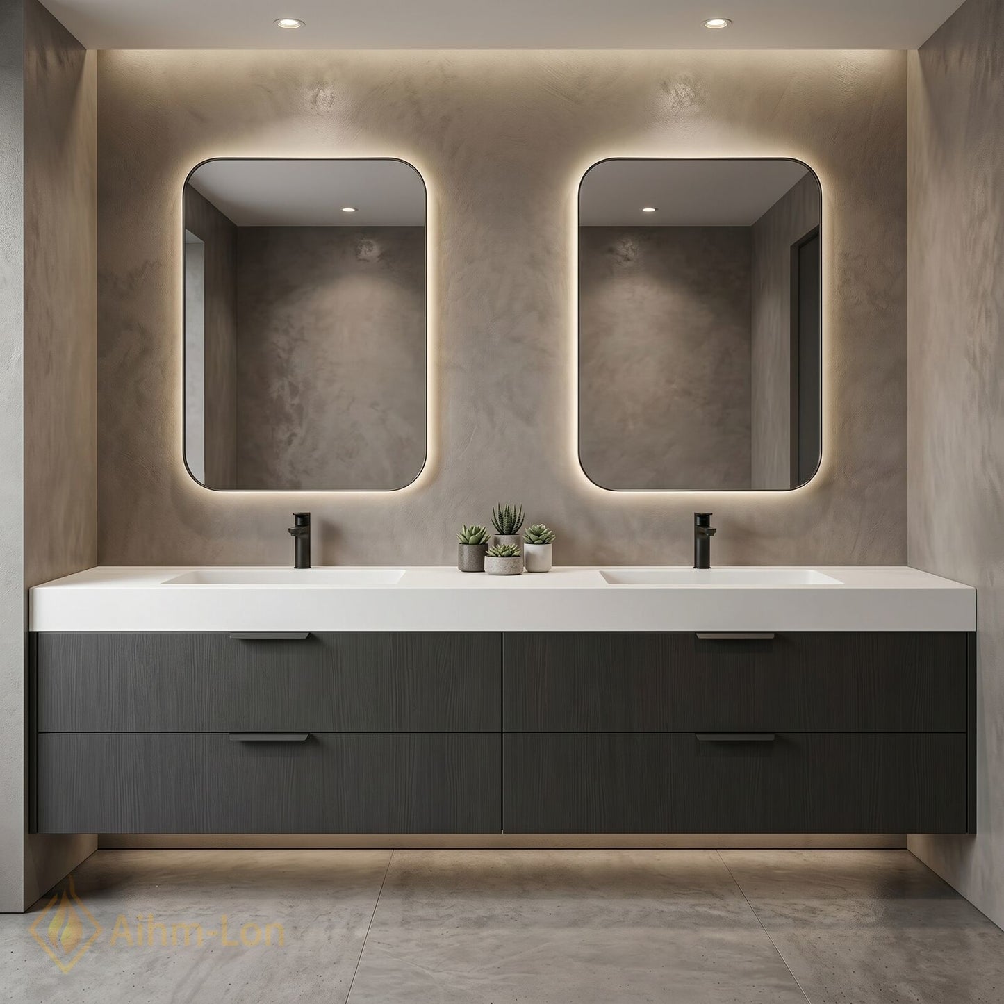 60''-96'' Double Bathroom Vanity with Sink Floating Wood-Grain Illuminated Mirror Dark Finish