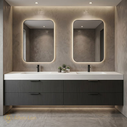 60''-96'' Double Bathroom Vanity with Sink Floating Wood-Grain Illuminated Mirror Dark Finish