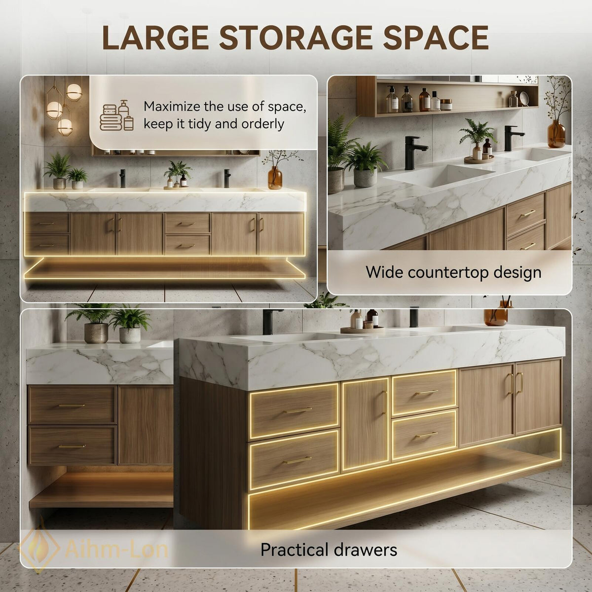 60''-96'' Bathroom Vanity with Sink Modern Floating Marble Top Light Wood Frame