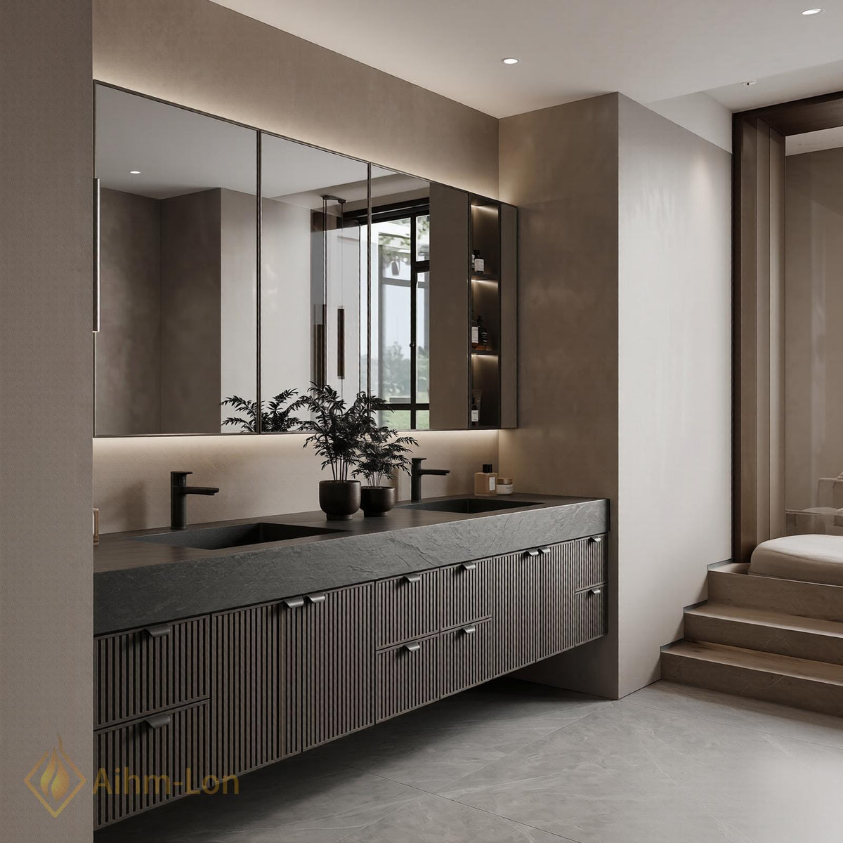 76''-96'' Double Bathroom Vanity with Sink Floating Vanity Stone Textured Top Setup