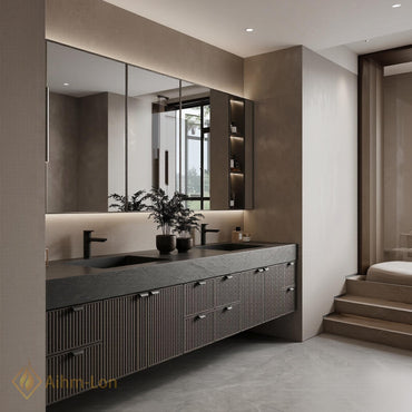 76''-96'' Double Bathroom Vanity with Sink Floating Vanity Stone Textured Top Setup