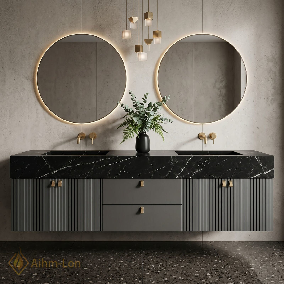 60''-96'' Bathroom Vanity with Sink Vertical Ribbed Doors Dark Marble Top Floating
