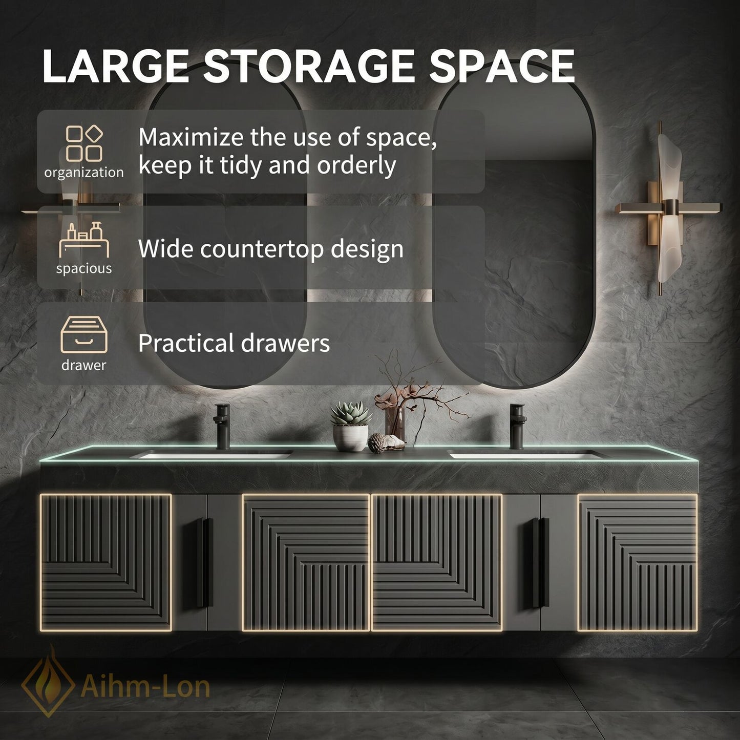 60''-96'' Double Bathroom Vanity with Sink Modern Geometric Panel Doors Dark Stone