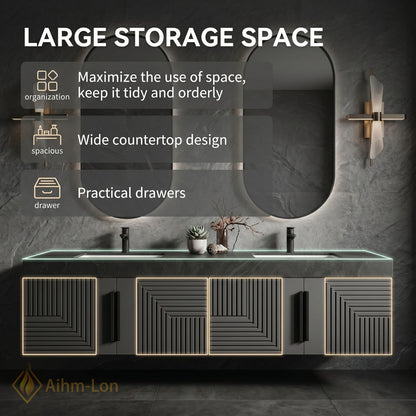 60''-96'' Double Bathroom Vanity with Sink Modern Geometric Panel Doors Dark Stone