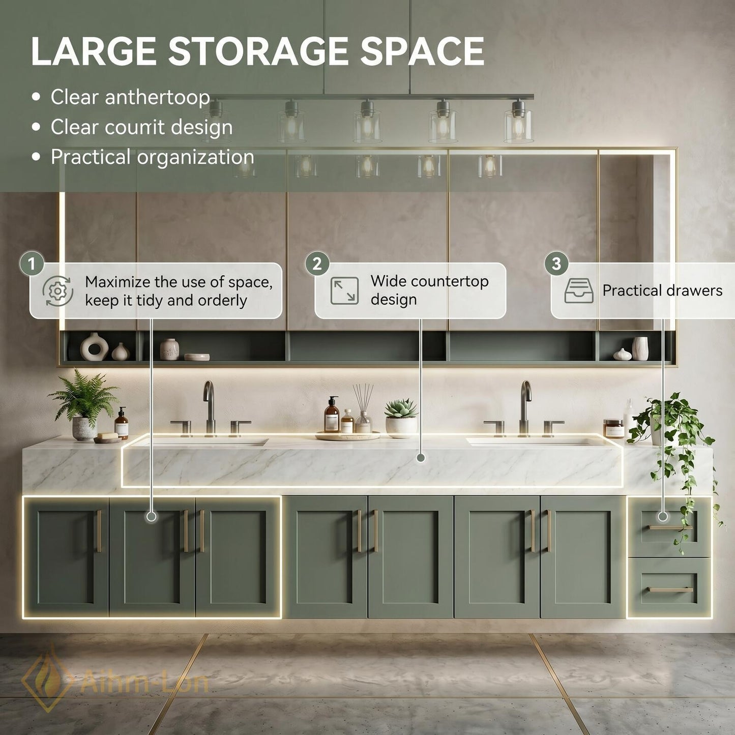 78''-96'' Double Bathroom Vanity with Sink Sage Green Modern Floating Panels Marble