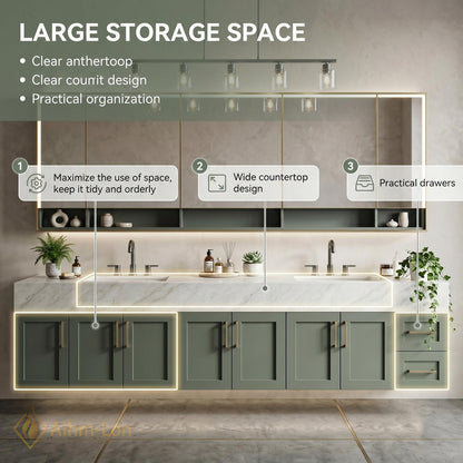 78''-96'' Double Bathroom Vanity with Sink Sage Green Modern Floating Panels Marble