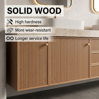 72''-96'' Modern Bathroom Vanity with Sink Fluted Wood Paneling Cream Stone Top