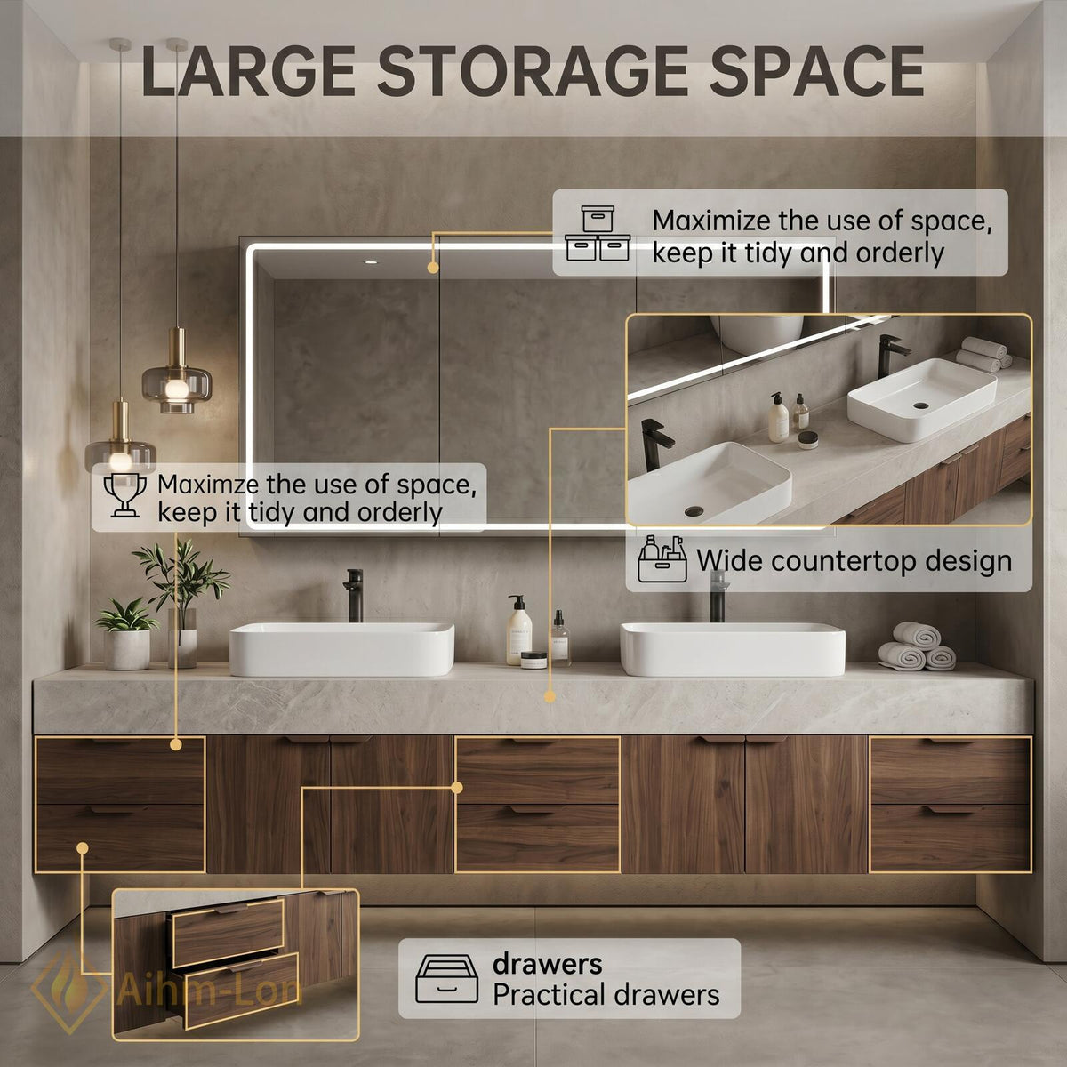 72''-96'' Double Bathroom Vanity with Sink Floating Double Dark Wood Finish Featuring