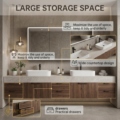 72''-96'' Double Bathroom Vanity with Sink Floating Double Dark Wood Finish Featuring