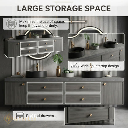 60''-96'' Double Bathroom Vanity with Sink Warm Grey Wood Grain Vertical Slats