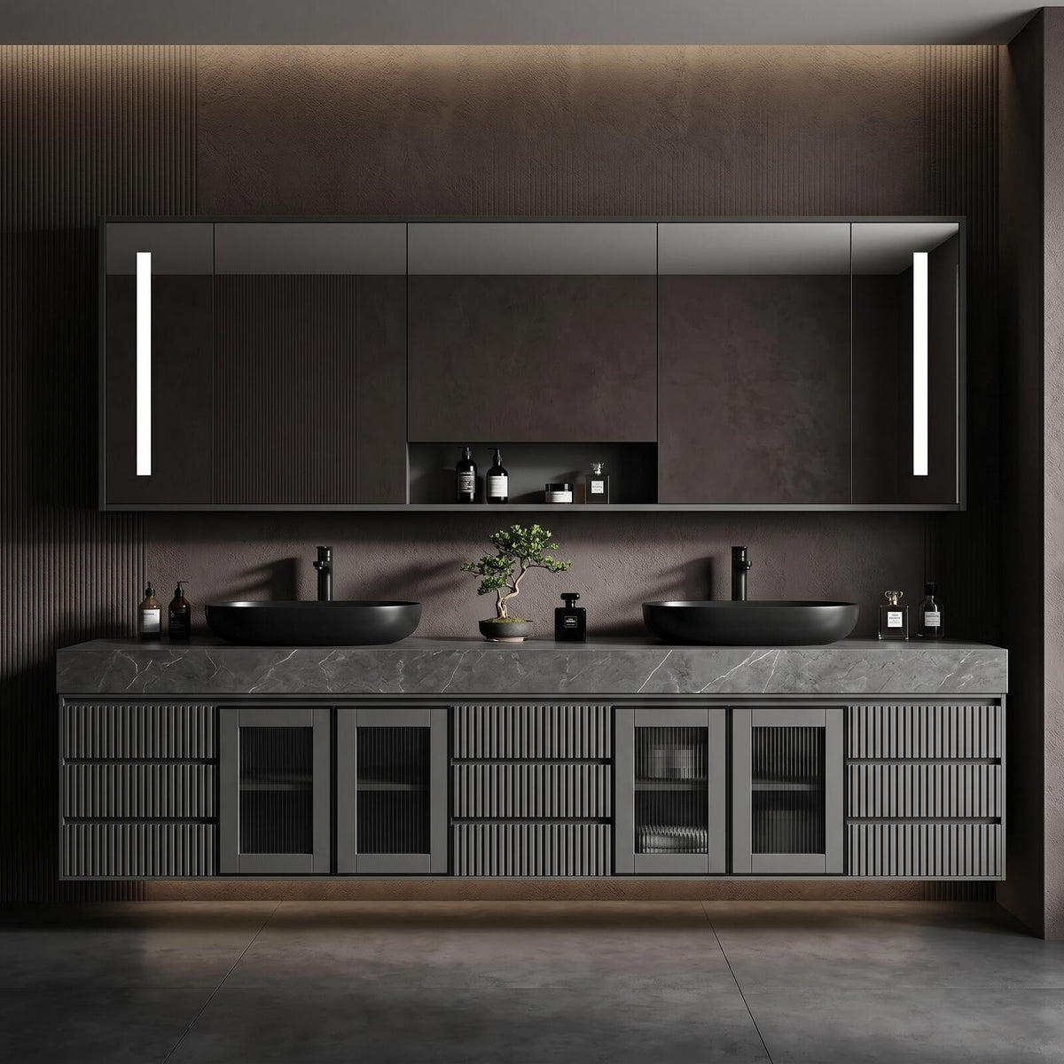 60''-96'' Double Bathroom Vanity with Sink Modern Floating Ribbed Panels Glass-Door Storage