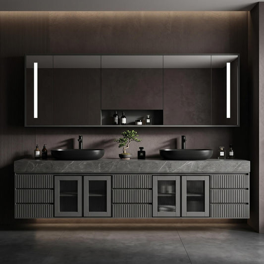 60''-96'' Double Bathroom Vanity with Sink Modern Floating Ribbed Panels Glass-Door Storage