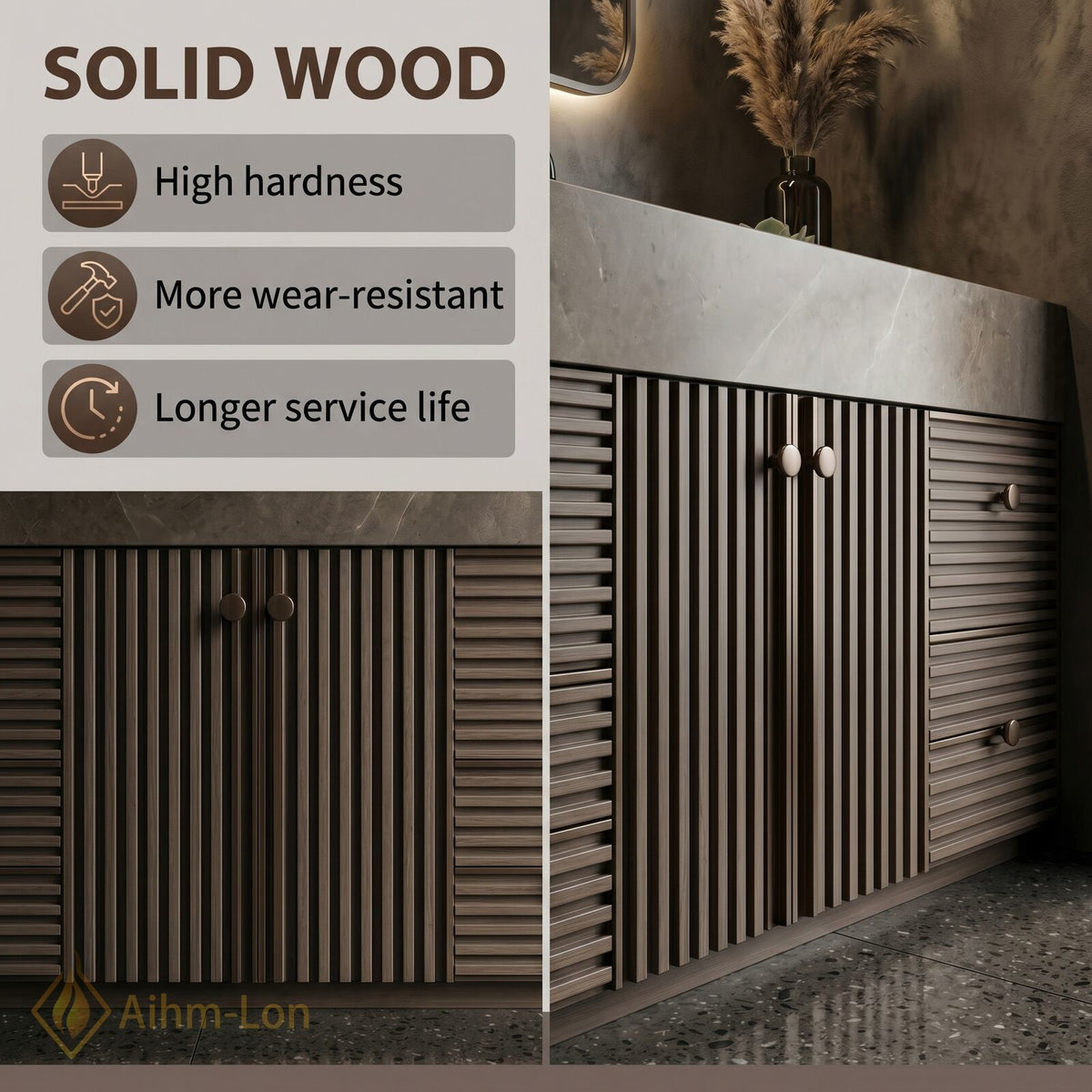 76''-96'' Double Bathroom Vanity with Sink Dark Stone Finish Slatted Panels Countertop