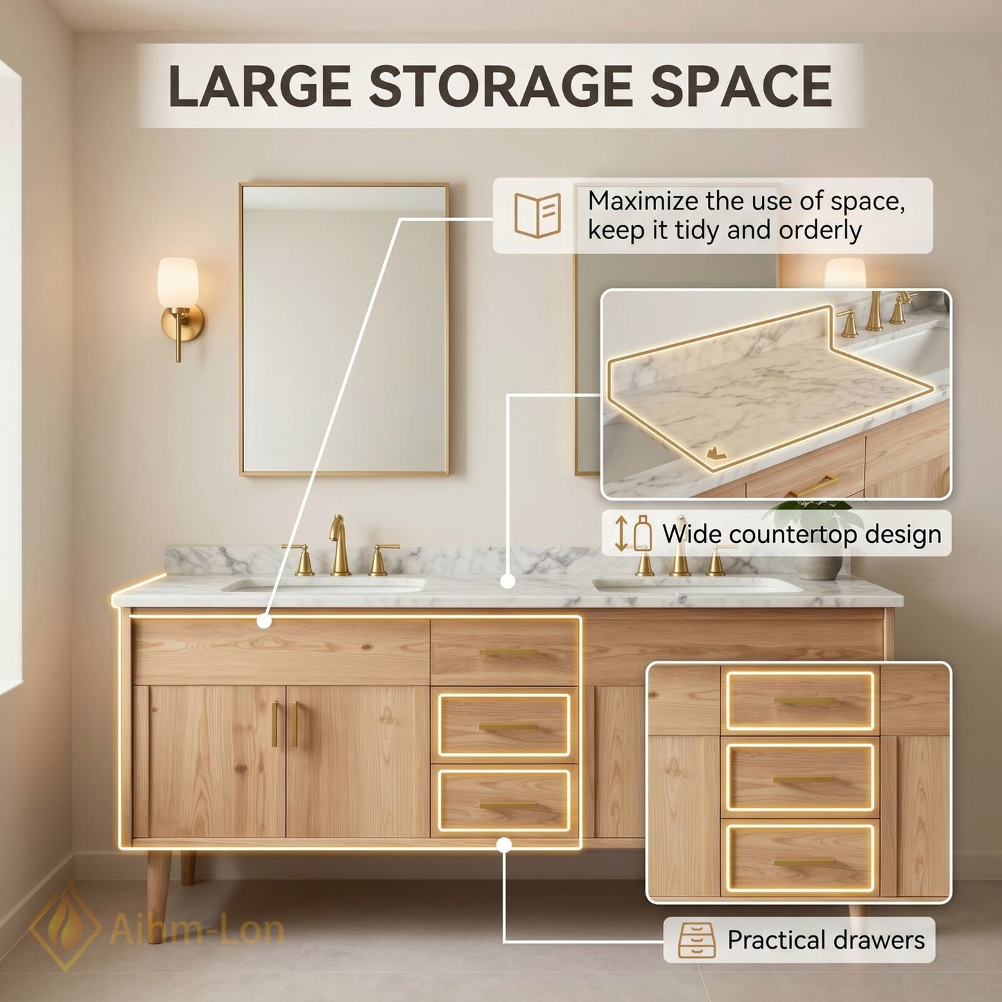 60''-96'' Modern Bathroom Vanity with Sink Wood Grain Marble Gold Handles Cabinet