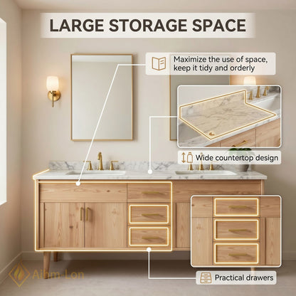 60''-96'' Modern Bathroom Vanity with Sink Wood Grain Marble Gold Handles Cabinet