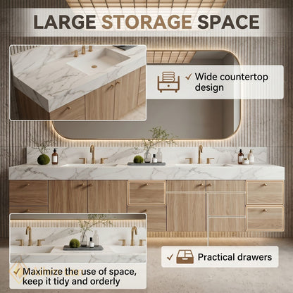 78''-96'' Double Bathroom Vanity with Sink White Marble Top Natural Wood Grain