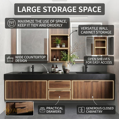 60''-96'' Double Bathroom Vanity with Sink Modern Dark Walnut Finish Slatted Center