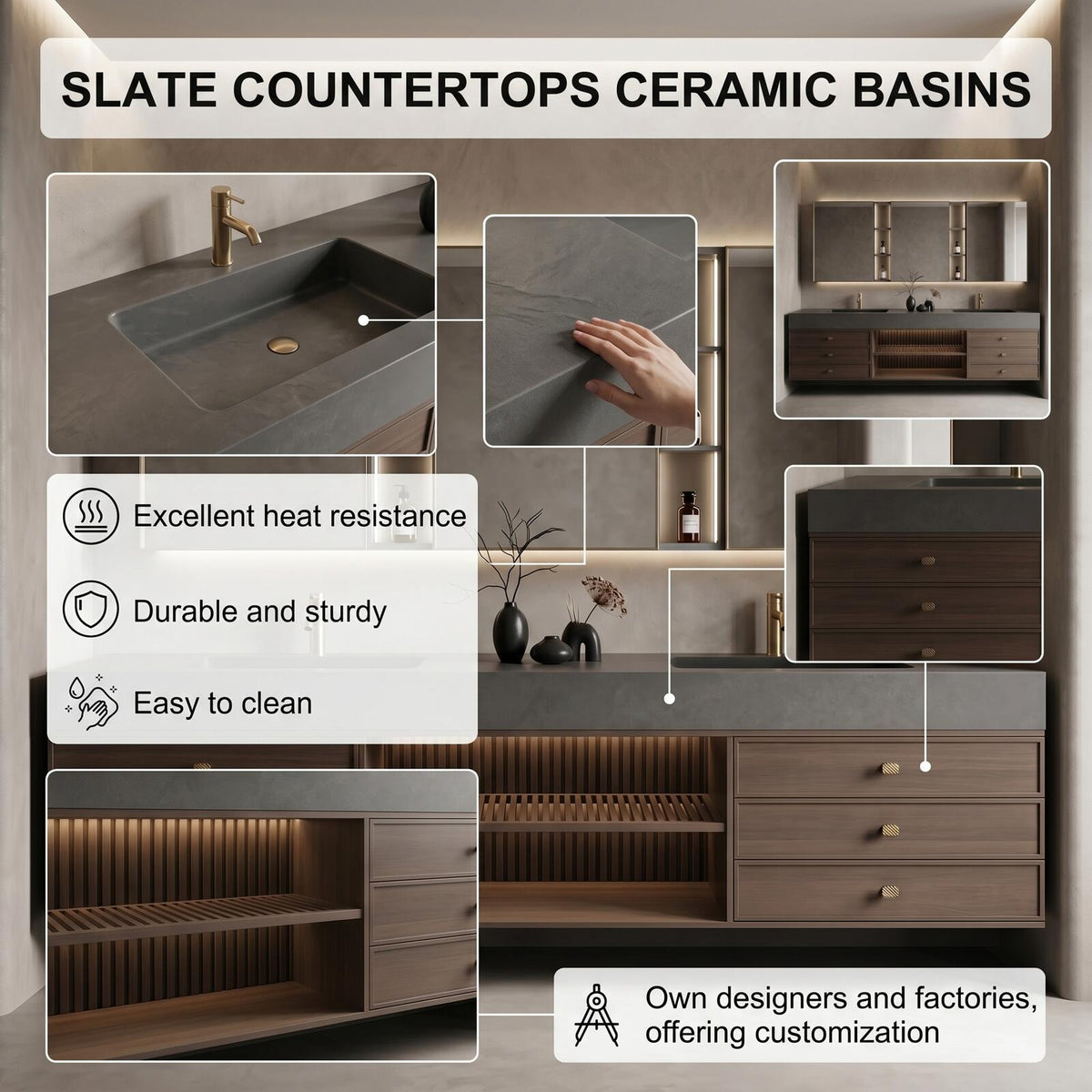 60''-96'' Double Bathroom Vanity with Sink Modern Floating Dark Wood Finish Open Shelving